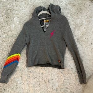 Aviator Nation Gray Hoodie with Lightning Bolt and classic 5-Stripe